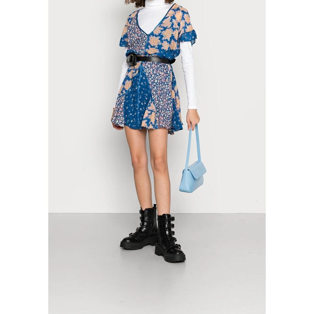Free People Wildflower Patchwork Mini Dress Mixed Print Boho XS Flutter Sleeve